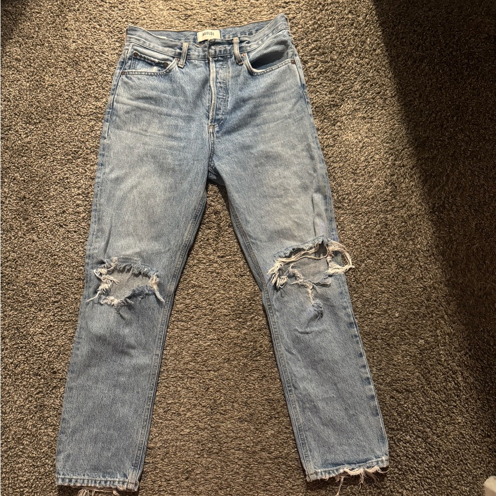 Agolde Ripped Light Blue Straight Leg Jeans riley